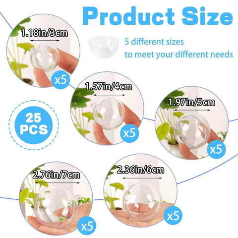 Product size chart for 25 Set 50PCS Clear Plastic Fillable Ornaments,Transparent DIY Craft Ball, with 5 different sizes displayed.