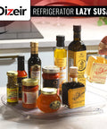 Two Pack Clear Rectangular Fridge Organizer Turntable Lazy Susan With 360 Degree Rotating Shelf holding various condiments