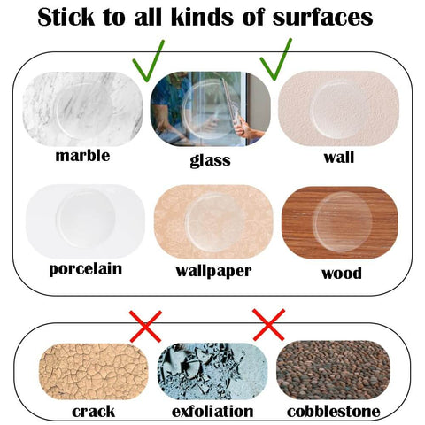 9 Pack Clear Gel Door Stop Wall Protectors Round 1.57 Inch Self Adhesive Cushions on various surfaces like marble, glass, wood