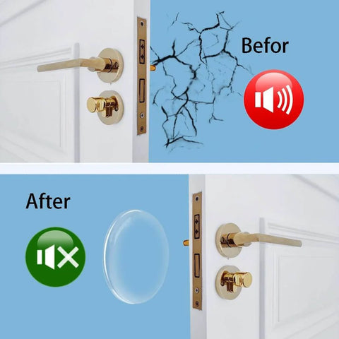 Before and after installation of 9 Pack Clear Gel Door Stop Wall Protectors Round 1.57 Inch Self Adhesive Cushions Soft Transparent Wall Bumpers.
