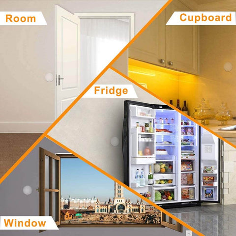Four scenes showing Six Pack Adhesive Door Stopper Wall Protectors Clear Gel Bumpers installed on walls by doors, windows, cupboards, fridge.