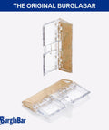 Two Pack Hinge Style Sliding Glass Door Locks for Patio Doors and Windows, clear plastic security lock components against white background.