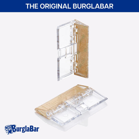 Two Pack Hinge Style Sliding Glass Door Locks for Patio Doors and Windows, clear plastic security lock components against white background.