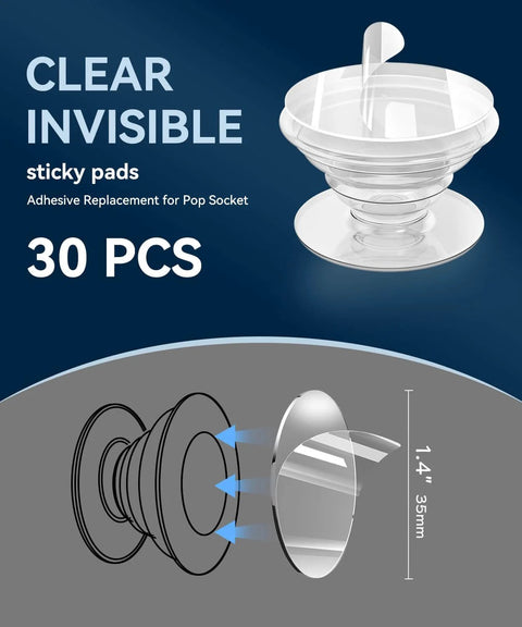 30 Pack Clear Invisible Adhesive Tapes For Pop Socket Base 1.4 Inch Double Sided Tape Non Damaging And Residue Free Removal Crystal Clear