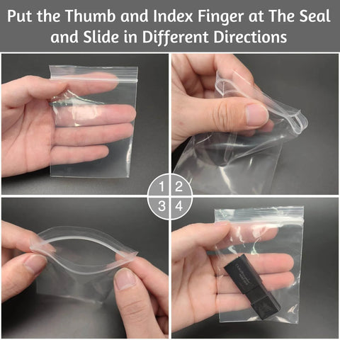 Demonstration of 400 Pcs Clear 3x4 Inch Jewelry Bags 2 Mil Resealable Zip Bags in use, showing sealing and opening process