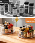 Before and after of Clear BPA Free 360 Degree Lazy Susan Turntable For Spice Organization with condiments and jars in kitchen.