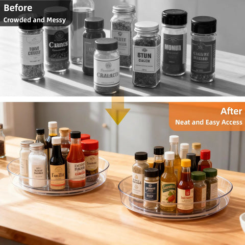 Before and after of Clear BPA Free 360 Degree Lazy Susan Turntable For Spice Organization with condiments and jars in kitchen.