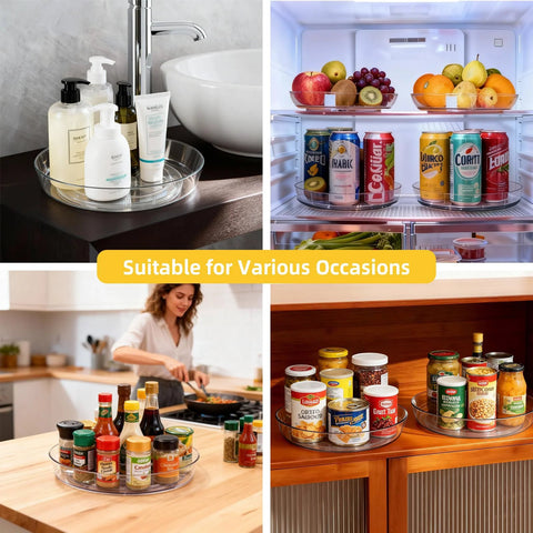 Clear BPA Free 360 Degree Lazy Susan Turntable for spice organization showcased in kitchen, pantry, and refrigerator settings, 2 pack.