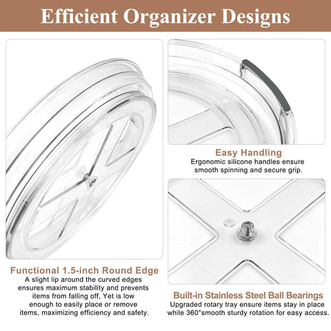 Clear Lazy Susan Turntable Set 9.25 Inch Rotating Organizer Two Pack with ergonomic handles and stainless steel ball bearings