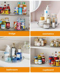 Two Pack 9.25 Inch Lazy Susan Organizer displaying canned goods, skincare, and spices in fridge, bathroom, and cupboard settings
