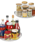 Two Pack 9.25 Inch Lazy Susan Organizer Turntable with spices and canned goods, 360 degree rotating clear storage tray for cabinets and pantries