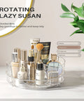 2 Pack 9 Inch Lazy Susan Organizer With 4 Removable Bins holding skincare and brushes on a countertop, clear spinning tray.