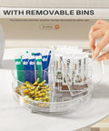 2 Pack 9 Inch Lazy Susan Organizer With 4 Removable Bins, Rotating Turntable Storage, clear PET construction, containing packets.