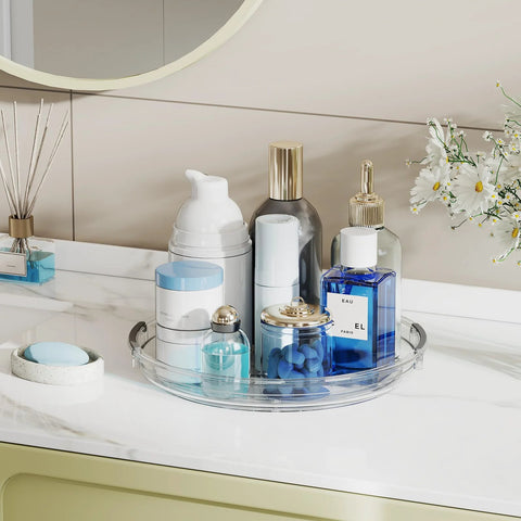 Two Pack 9.25 Inch Lazy Susan Organizer Turntable displaying skincare bottles and toiletries on a bathroom countertop