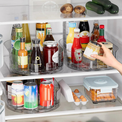 360 Degree Rotating Refrigerator Lazy Susan Turntable 13.5 Inch By 8.5 Inch Clear Plastic Organizer in a fridge with condiments