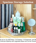 Clear Lazy Susan Turntable Set 9.25 Inch Rotating Organizer Two Pack in use on vanity, holding cosmetics and creams, showcasing storage capacity.