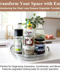 Clear Lazy Susan Turntable Set 9.25 Inch Rotating Organizer Two Pack with spices and condiments on kitchen counter