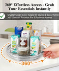 Clear Lazy Susan Turntable Set 9.25 Inch Rotating Organizer Two Pack with 360 Degree Spinning holding condiments on kitchen counter.