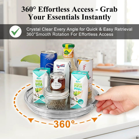 Clear Lazy Susan Turntable Set 9.25 Inch Rotating Organizer Two Pack with 360 Degree Spinning holding condiments on kitchen counter.