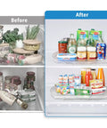 Before and after using Square Lazy Susan Turntable Organizer For Refrigerator And Pantry Cabinets 15.3 X 11.1 Inches Clear 2 Pack