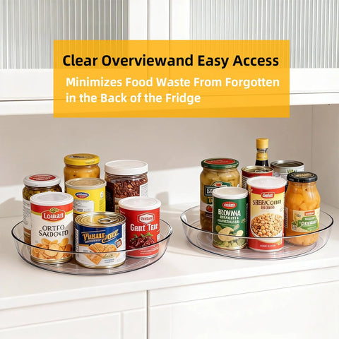 Clear BPA Free 360 Degree Lazy Susan Turntable For Spice Organization in kitchen displaying canned goods, 10-inch rotating organizer.