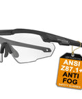 Clear Lens Ballistic Tactical Glasses ANSI Z87 Plus UV400 Anti Fog For Airsoft with tag showing ANSI Z87.1+ certification.