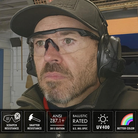 Man wearing Clear Lens Ballistic Tactical Glasses ANSI Z87 Plus UV400 Anti Fog For Airsoft with ear protection indoors.