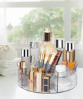 360 Degree Rotating Makeup Organizer Turntable for Vanity and Bathroom Counter, clear Lazy Susan with 6 dividers holding cosmetics