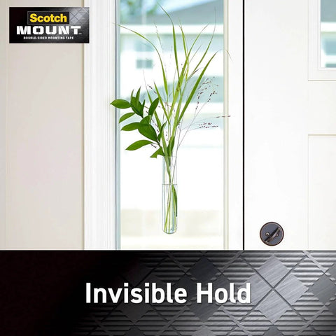 Clear Double Sided Mounting Tape With Industrial Strength Adhesive Holds Up To 15 Lbs, displaying invisible hold for glass mount.