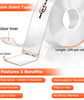 Double Sided Tape Heavy Duty Mounting Tape 1.18 Inch By 10 Feet Nano Adhesive For Wall Decor with clear liner and features list