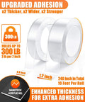 Heavy Duty Double Sided Tape Set 2 Rolls 20 Feet Total Clear Nano Adhesive For Posters Rugs Pictures Wall Mounts Removable No Residue Indoor Outdoor Mounting Tape Ultra Strong Must Have DIY Adhesive showing two rolls with upgraded adhesion details and load capacity.