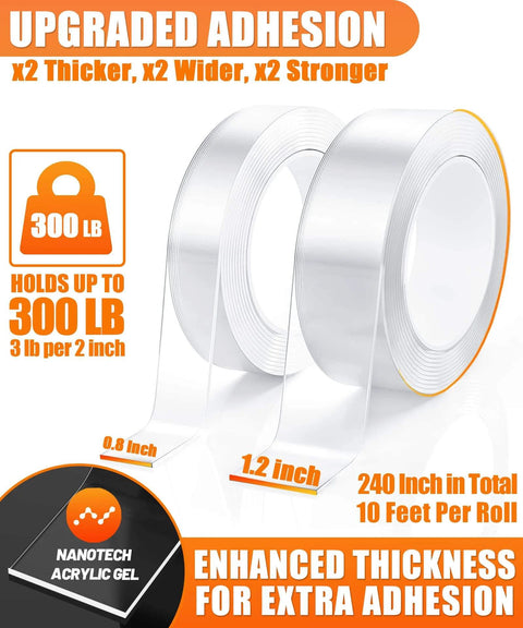 Heavy Duty Double Sided Tape Set 2 Rolls 20 Feet Total Clear Nano Adhesive For Posters Rugs Pictures Wall Mounts Removable No Residue Indoor Outdoor Mounting Tape Ultra Strong Must Have DIY Adhesive showing two rolls with upgraded adhesion details and load capacity.