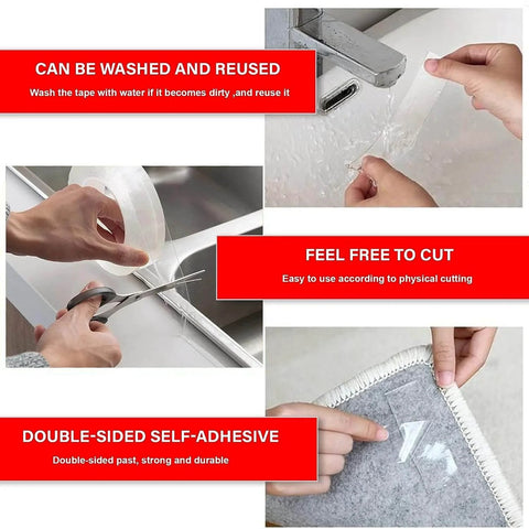 Ultra Strong Double Sided Tape For Wall Mounting, Clear Nano Adhesive, showing cutting and washing with water.