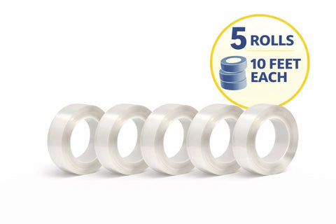 5 Pack Double Sided Nano Grip Go-To Mounting Tape With 50 Feet Total, showing five 10-foot clear rolls for strong hold mounting.