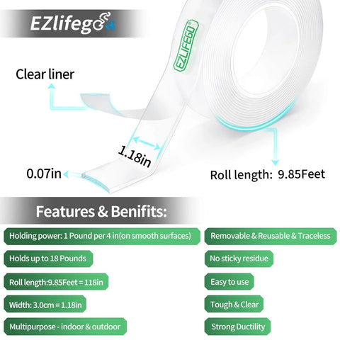 Heavy Duty Double Sided Tape For Mounting, Clear Nano Tech Adhesive Tape With Rock-Solid Grip, 9.85 Feet Long, Transparent Strips
