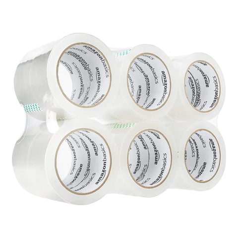Strong Clear Packaging Tape 1.88 Inch By 54.6 yd 12 Pack With Low Odor Acrylic Adhesive for Shipping and Moving Storage, six rolls visible