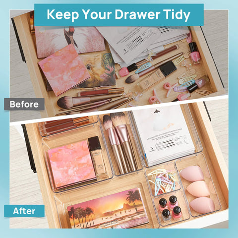 Clear Plastic Drawer Organizer Set 25 Pieces in Four Sizes for Makeup Vanity Bathroom Kitchen and Office Declutter Drawer Space with Non Slip Pads Stackable Bins for Easy Visibility and Access in Every Drawer, showing drawer organized with makeup items