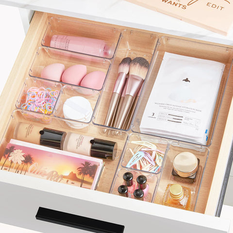 Clear Plastic Drawer Organizer Set 25 Pieces in Four Sizes for Makeup Vanity Bathroom Kitchen and Office Declutter Drawer Space