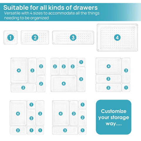 Clear Plastic Drawer Organizer Set 25 Pieces in Four Sizes for Makeup Vanity Bathroom Kitchen and Office Declutter Drawer Space with Non Slip Pads Stackable Bins for Easy Visibility and Access in Every Drawer layout overview