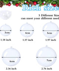 Diagram showing 50 Set 100PCS Clear Plastic Fillable Ornaments in 5 sizes from 3cm to 7cm for Christmas Tree, Wedding, Party, Home Decor.