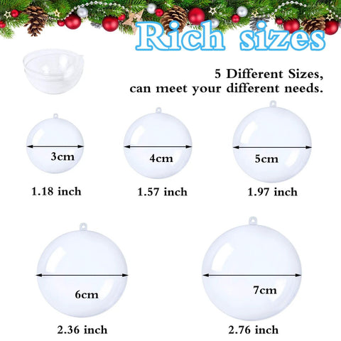 Diagram showing 50 Set 100PCS Clear Plastic Fillable Ornaments in 5 sizes from 3cm to 7cm for Christmas Tree, Wedding, Party, Home Decor.