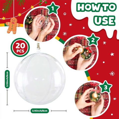 20 PCS Clear Plastic Fillable Balls Ornaments, 3.15 Inch Christmas Ornament Balls with DIY guide on red festive background