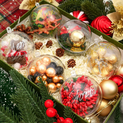 Decorative filled 20 PCS Clear Plastic Fillable Balls Ornaments, 3.15 Inch Christmas Ornament Balls with festive designs.