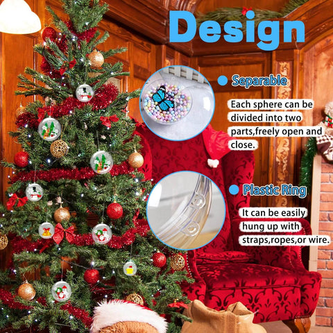 Image showing 25 Set 50PCS Clear Plastic Fillable Ornaments on a decorated Christmas tree and product details.