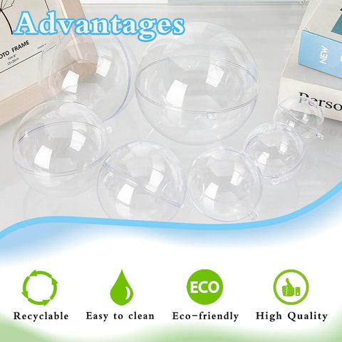 50 Set 100PCS Clear Plastic Fillable Ornaments,Transparent DIY Christmas Fillable Ball,Plastic DIY Fillable Decoration Balls 5 Different Sizes for Christmas Tree,Wedding,Party,Home Decor displayed with eco-friendly icons.