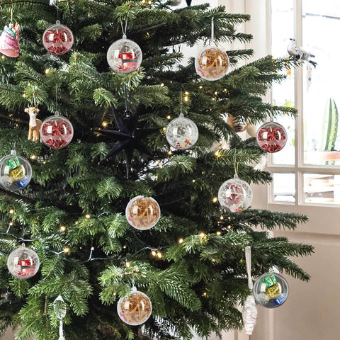 Christmas tree decorated with 20 Pack Clear Plastic Fillable Ornament Ball 3.15''/80mm for Christmas,Holiday, Wedding,Party,Home Decor