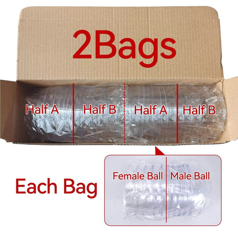 Open box with 12 Pack Clear Plastic Fillable Ornament Ball 3.15''/80mm for Christmas, showing halves labeled Male and Female for assembly.
