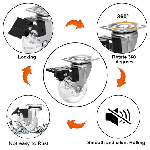 Two Inch Caster Wheels Set Of Four With Brakes Heavy Duty Clear Swivel Plate Castors showing locking mechanism and 360° rotation