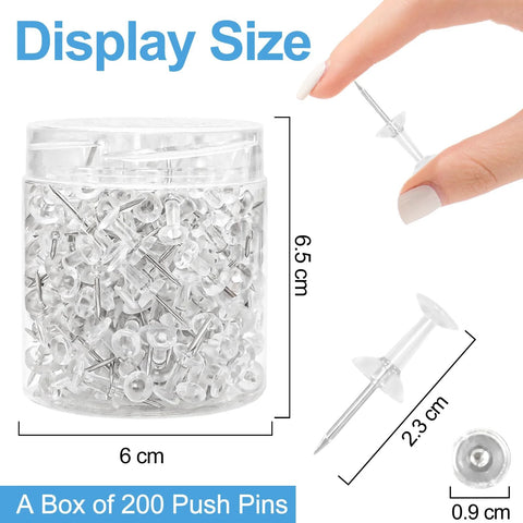 Clear Push Pins Set With Steel Point And Plastic Head, 2400 Pieces In 12 Boxes For Wall Hanging, size details and box shown
