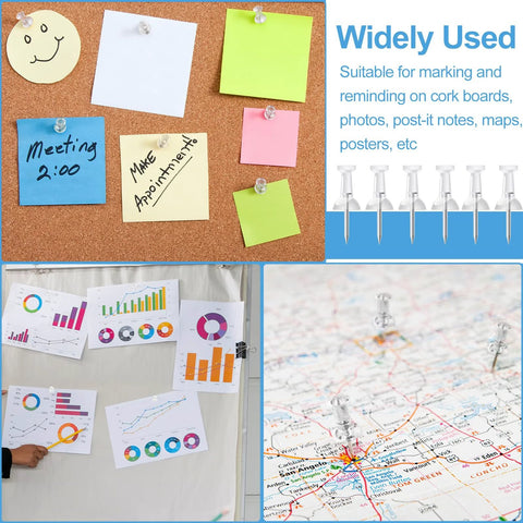 Clear Push Pins Set With Steel Point And Plastic Head used on map and cork board with notes and charts, perfect for wall hanging and organization.